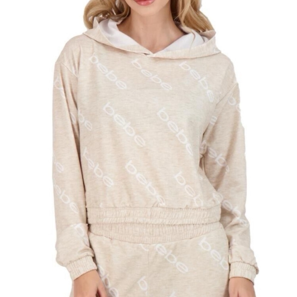 Bebe cropped hooded logo long sleeve sweatshirt pullover white cream medium